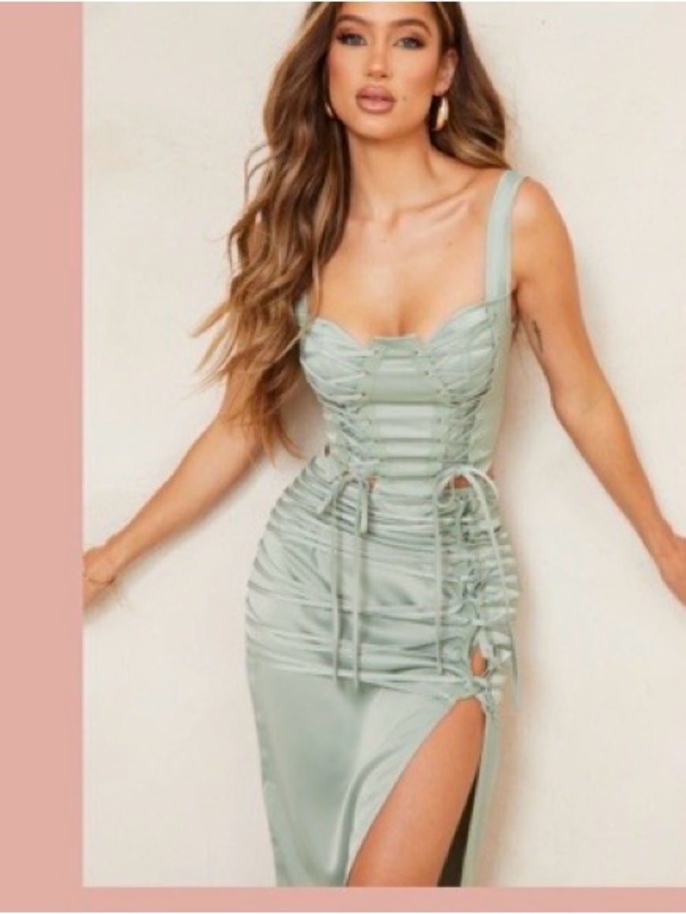 PrettyLittleThing Sage Green Ruched Corset Strap Midi Dress